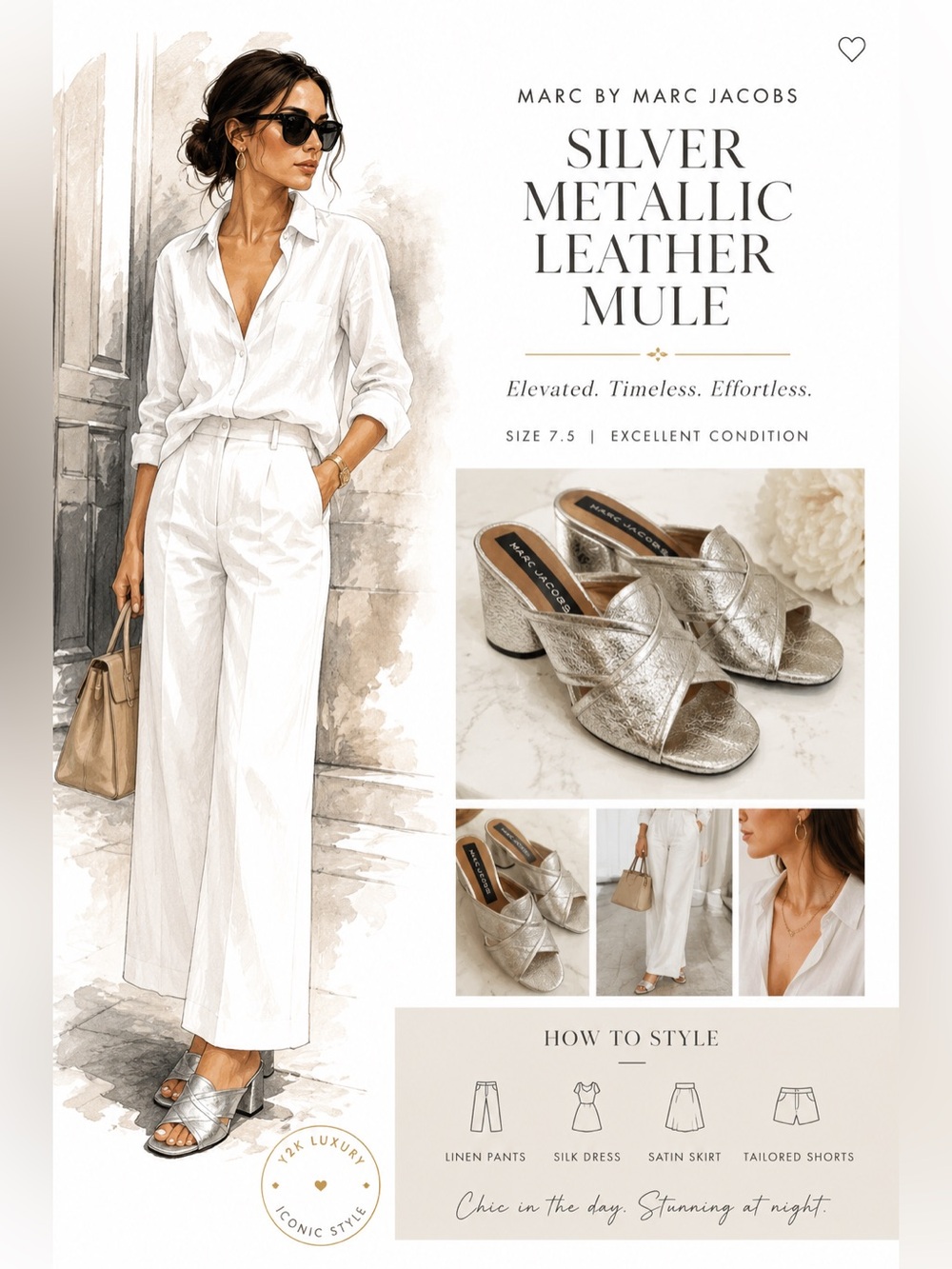 Marc by Marc Jacobs Silver Metallic Leather Open-Toe Mule